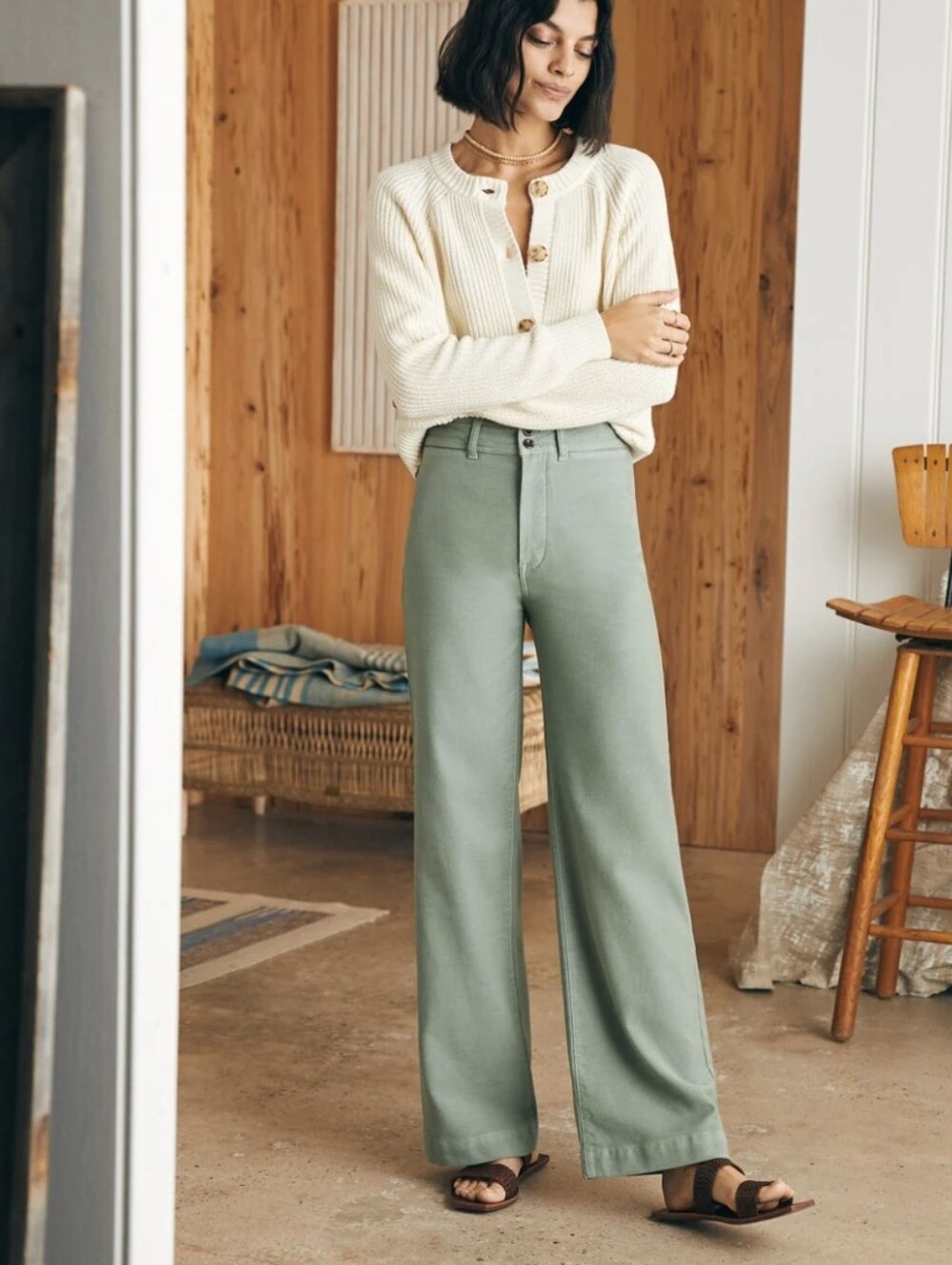 Flaherty Stretch Terry Slim Wide Leg High Rise Pant Coastal Sage Womens  28